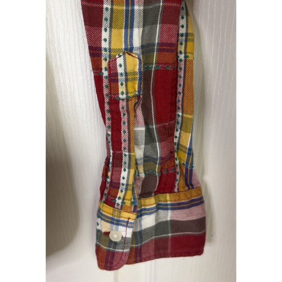 Uniqlo Long Sleeve Flannel Button Up Shirt Size S Small Red Plaid Green Stitch - Picture 3 of 7